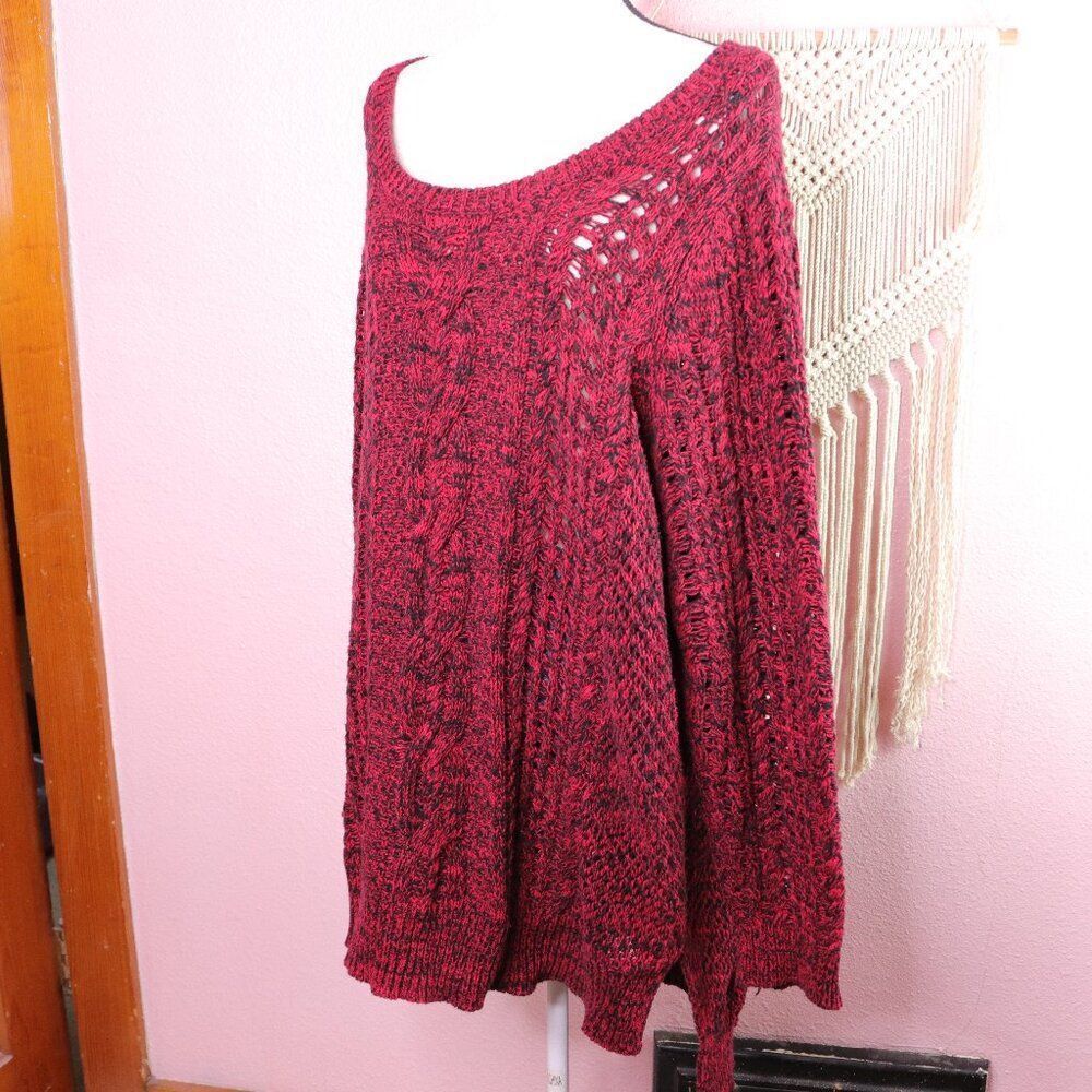 Torrid 3X Red Black Open Knit Hi Low Tunic Sweater Plus Size Longline